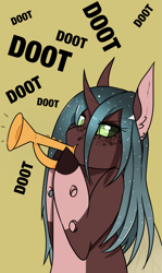 Size: 1600x2678 | Tagged: safe, artist:rosebudthevampiremar, oc, oc only, species:changeling, species:pony, species:reformed changeling, species:unicorn, doot, musical instrument, pale belly, solo, trumpet