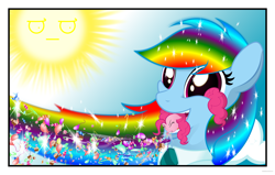 Size: 5126x3261 | Tagged: safe, artist:randomlywhimsical, character:pinkie pie, character:rainbow dash, look of disapproval, lsd, sun, wat