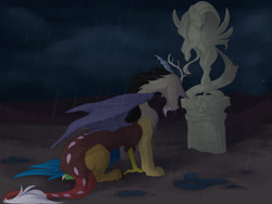 Size: 2541x1909 | Tagged: safe, artist:mrgdog, character:discord, character:fluttershy, ship:discoshy, female, grave, graveyard, high res, immortality blues, implied death, male, rain, sad, shipping, statue, straight