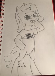 Size: 640x881 | Tagged: safe, artist:dafiltafish, oc, oc:stardust, species:pony, bottomless, clothing, mountain dew, mtn dew, partial nudity, pencil drawing, shirt, traditional art