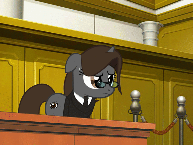 Size: 640x480 | Tagged: safe, artist:duskyzombie, oc, oc only, oc:sonata, species:pony, species:unicorn, ace attorney, animated, clothing, courtroom, crossover, elements of justice, female, mare, shocked, solo, suit, turnabout storm