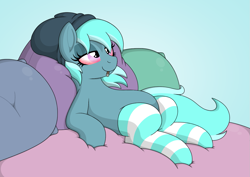 Size: 1317x934 | Tagged: safe, artist:pieman24601, oc, oc:winter munchies, species:pegasus, species:pony, beanie, bed, clothing, comfy, cozy, cute, drug use, drugs, hat, high, pillow, smoking, smoking weed, socks, stoner, striped socks