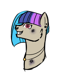 Size: 400x480 | Tagged: safe, artist:kookiebeatz, oc, oc only, oc:scavy, species:earth pony, species:pony, bust, ear piercing, earring, eye scar, female, grin, jewelry, mare, multicolored hair, necklace, nose piercing, nose ring, piercing, scar, simple background, smiling, solo, transparent background