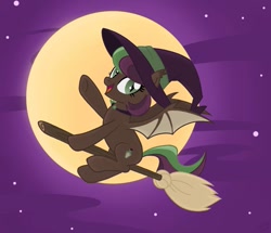 Size: 963x830 | Tagged: safe, artist:pgthehomicidalmaniac, oc, oc only, oc:potion bottle, species:bat pony, species:pony, broom, clothing, female, flying, flying broomstick, hat, mare, moon, night, solo, witch hat