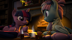 Size: 3840x2160 | Tagged: safe, artist:alicorntwilysparkle, character:kerfuffle, character:twilight sparkle, character:twilight sparkle (alicorn), species:alicorn, species:pegasus, species:pony, 3d, amputee, book, bookshelf, chatting, coffee mug, fireplace, food, french fries, friendship express, library, mug, prosthetic leg, prosthetic limb, prosthetics, source filmmaker