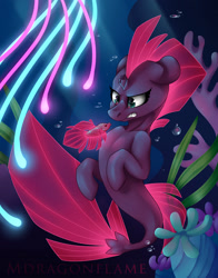Size: 1920x2452 | Tagged: safe, artist:mdragonflame, character:tempest shadow, species:seapony (g4), my little pony: the movie (2017), angry, broken horn, bubble, eye scar, female, fish, gritted teeth, horn, scar, seaponified, seapony tempest shadow, siamese fighting fish, solo, species swap, tropical fish, underwater