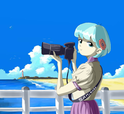 Size: 800x736 | Tagged: safe, artist:vinilyart, character:coco pommel, species:human, my little pony:equestria girls, beach, camera, equestria girls-ified, female, fence, lighthouse, looking at you, ocean, scenery, solo