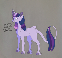 Size: 1936x1815 | Tagged: safe, artist:nightshade2004, oc, oc only, oc:twilight zone, parent:sci-twi, parent:twilight sparkle, species:classical unicorn, species:pony, species:unicorn, bicorn, bitch, cloven hooves, female, gray background, leonine tail, mare, parents:twitwi, simple background, solo, this is for emphasis bitch, unshorn fetlocks, vulgar