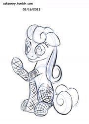 Size: 1280x1768 | Tagged: safe, artist:zenny, character:bon bon, character:sweetie drops, species:earth pony, species:pony, 30 minute art challenge, clothing, cutie mark, female, floppy ears, hooves, mare, monochrome, simple background, sitting, solo, stockings
