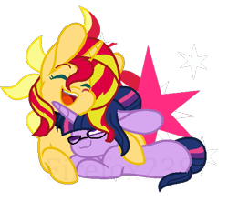 Size: 523x485 | Tagged: safe, artist:firefox238, artist:madzbases, base used, character:sunset shimmer, character:twilight sparkle, character:twilight sparkle (scitwi), species:pony, species:unicorn, ship:scitwishimmer, ship:sunsetsparkle, cuddling, cute, cutie mark, duo, equestria girls ponified, female, lesbian, shimmerbetes, shipping, simple background, transparent background, twiabetes, unicorn sci-twi