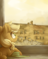 Size: 3468x4284 | Tagged: safe, artist:anotherdeadrat, character:applejack, species:earth pony, species:pony, building, cute, eye clipping through hair, facing away, female, filly, filly applejack, high res, jackabetes, looking at something, no pupils, solo, window, younger