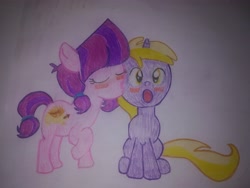 Size: 3968x2976 | Tagged: safe, artist:cmc--scootaloo, character:dinky hooves, character:lily longsocks, species:earth pony, species:pony, species:unicorn, blushing, crush, cute, cutie mark, dinkily, eyes closed, female, filly, foal, foal romance, hedgehog, hnnng, kiss on the cheek, kissing, lesbian, raised hoof, romance, shipping, sitting, standing, surprised, traditional art