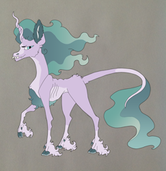 Size: 1820x1869 | Tagged: safe, artist:nightshade2004, character:mistmane, species:classical unicorn, species:pony, species:unicorn, alternate design, cloven hooves, crooked horn, female, gray background, horn, leonine tail, simple background, skinny, solo, unshorn fetlocks
