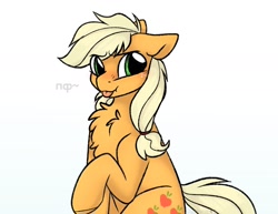 Size: 1280x987 | Tagged: safe, artist:mariashapony, character:applejack, species:earth pony, species:pony, blep, blushing, chest fluff, cute, cutie mark, cyrillic, eye clipping through hair, female, floppy ears, hatless, jackabetes, mare, missing accessory, onomatopoeia, russian, silly, silly pony, simple background, sitting, solo, tongue out, white background, who's a silly pony