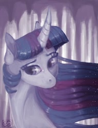Size: 400x524 | Tagged: safe, artist:eugenchen, character:twilight sparkle, species:pony, bust, cave, curved horn, ethereal mane, female, galaxy mane, horn, mare, solo, stalactite, windswept mane