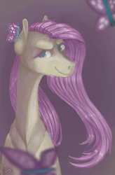 Size: 630x963 | Tagged: safe, artist:eugenchen, character:discord, character:fluttershy, species:pony, episode:the return of harmony, g4, my little pony: friendship is magic, bust, butterfly, female, flutterbitch, gradient background, looking at you, mare, smiling, smirk, solo, species swap