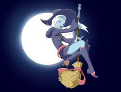 Size: 992x752 | Tagged: safe, artist:vinilyart, character:trixie, my little pony:equestria girls, broom, clothing, cosplay, costume, female, flying, flying broomstick, hat, little witch academia, moon, solo, witch hat