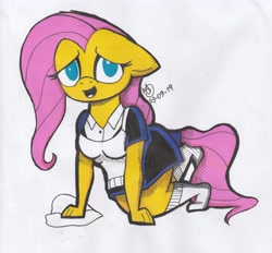 Size: 4958x4599 | Tagged: safe, artist:sebaku, character:fluttershy, species:anthro, cleaning, clothing, color, female, maid, sharpie, socks, solo, traditional art