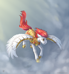 Size: 2500x2700 | Tagged: safe, artist:yarugreat, oc, oc only, species:pegasus, species:pony, armor, floppy ears, flying, guardian, pegasus oc, sky, solo, wingblade