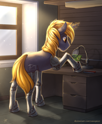 Size: 2300x2800 | Tagged: safe, artist:yarugreat, oc, species:pony, species:unicorn, amputee, augmented, biohacking, circuit board, cyber legs, cyborg, magnifying glass, prosthetic limb, prosthetics, quadruple amputee, solo