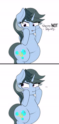 Size: 2881x6059 | Tagged: safe, artist:blitzyflair, oc, oc only, oc:blitzy flair, species:pony, species:unicorn, ..., 2 panel comic, blushing, cheek squish, comic, cute, dialogue, female, mare, ocbetes, pouting, simple background, solo, squishy cheeks, white background, wide hips