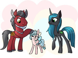 Size: 1809x1337 | Tagged: safe, artist:ch0c0butt, character:cozy glow, character:lord tirek, character:queen chrysalis, species:earth pony, species:pegasus, species:pony, species:unicorn, ship:chrysirek, a better ending for chrysalis, a better ending for cozy, a better ending for tirek, cozybetes, cozylove, cute, cutealis, daddy tirek, family, female, good end, male, mommy chrissy, older, older cozy glow, ponified, shipping, species swap, straight, tirebetes