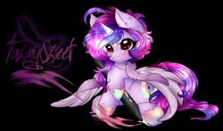 Size: 400x235 | Tagged: safe, artist:tawnysweet, oc, oc:dazzling talents, species:alicorn, species:pony, black background, blushing, ear fluff, female, mare, multicolored hair, picture for breezies, simple background, wacompen