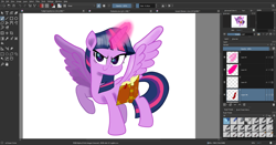 Size: 1920x1008 | Tagged: safe, artist:n3ro 182, character:twilight sparkle, character:twilight sparkle (alicorn), species:alicorn, species:pony, aura, book, female, glowing horn, horn, krita, magic, movie accurate, raised hoof, smiling, solo, wip