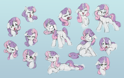 Size: 4000x2550 | Tagged: safe, artist:vanillaghosties, character:sweetie belle, species:pony, species:unicorn, episode:growing up is hard to do, g4, my little pony: friendship is magic, blue background, blushing, crying, cute, diasweetes, expressions, female, floppy ears, looking at you, mare, missing cutie mark, multeity, older, older sweetie belle, simple background, smiling, tongue out