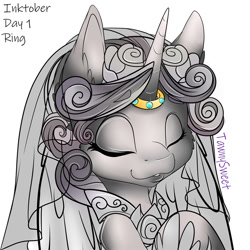 Size: 830x830 | Tagged: safe, artist:tawnysweet, oc, oc only, species:pony, inktober, bride, bust, clothing, dress, eyes closed, female, hoof shoes, horn, horn ring, inktober 2019, mare, ring, smiling, solo, wedding dress, wedding ring
