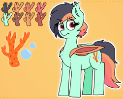 Size: 1270x1024 | Tagged: safe, artist:retro_hearts, oc, oc only, oc:coral reef, species:bat pony, species:pony, bat pony oc, chest fluff, cute, cutie mark, female, fluffy, gradient background, mare, orange eyes, outline, reference sheet, smiling, solo