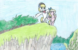 Size: 1682x1084 | Tagged: safe, artist:triforce-treasure, oc, oc only, oc:bay breeze, oc:triforce treasure, species:earth pony, species:pegasus, species:pony, chest pounding, colored pencil drawing, jungle, mountain, scenery, traditional art, waterfall