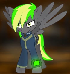 Size: 899x960 | Tagged: safe, artist:x-blackpearl-x, oc, oc only, oc:destiny dazzle (dee), species:pegasus, species:pony, fallout equestria, clothing, fallout equestria: the rejected ones, fanfic, fanfic art, female, gray coat, hooves, mare, pipbuck, solo, spread wings, stable jumpsuit, vault suit, wings