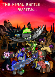 Size: 3508x4961 | Tagged: safe, artist:x-blackpearl-x, oc, oc only, oc:destiny dazzle (dee), oc:dethament, oc:flyeon rain (arno), oc:gear indust, oc:glareo, oc:littlepip, oc:midday sand, oc:opera, species:earth pony, species:griffon, species:pegasus, species:pony, species:unicorn, fallout equestria, amputee, armor, army, artificial wings, augmented, browser ponies, canterlot, cape, clothing, cowboy hat, fallout equestria: the rejected ones, fanfic, fanfic art, fantasy class, female, flying, glowing horn, goggles, gun, handgun, hat, hooves, horn, imminent battle, knife, knight, levitation, magic, male, mare, optical sight, paladin, pipbuck, poster, prosthetic limb, prosthetic wing, prosthetics, red clouds, revolver, rifle, scope, sitting, smiling, spread wings, stallion, standing, sword, telekinesis, vault suit, warrior, weapon, wings