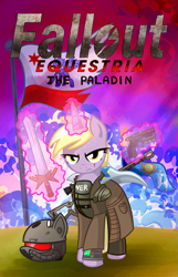 Size: 3223x5000 | Tagged: safe, artist:x-blackpearl-x, character:dinky hooves, species:pony, species:unicorn, fallout equestria, adult, armor, cape, clothing, cover art, explosion, fallout equestria: the rejected ones, fanfic, fanfic art, fantasy class, female, flag, glowing horn, gun, handgun, hooves, horn, knight, levitation, magic, magic sword, mare, paladin, pipbuck, pistol, poster, rifle, scope, sniper rifle, solo, sword, telekinesis, warrior, weapon