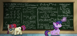 Size: 2100x1000 | Tagged: safe, artist:paracompact, character:moondancer, character:twilight sparkle, character:twilight sparkle (unicorn), species:pony, species:unicorn, chalkboard, fancy mathematics, female, filly, filly twilight sparkle, magic, math, school, telekinesis, younger