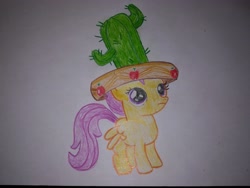 Size: 3968x2976 | Tagged: safe, artist:cmc--scootaloo, character:scootaloo, episode:appleoosa's most wanted, g4, my little pony: friendship is magic, season 5, apple, cactus, cactus hat, clothing, cute, cutealoo, food, hat, the daily crusade, traditional art, wings, wings down