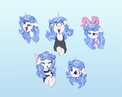 Size: 3197x2550 | Tagged: safe, artist:vanillaghosties, oc, oc only, oc:melodia, species:pony, species:unicorn, bow, bunny suit, bust, clothing, female, gift art, gradient background, maid, mare, portrait, smiling, sweater, tongue out