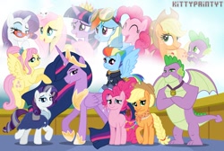 Size: 1280x859 | Tagged: safe, artist:kittypaintyt, character:angel bunny, character:applejack, character:fluttershy, character:pinkie pie, character:rainbow dash, character:rarity, character:spike, character:twilight sparkle, character:twilight sparkle (alicorn), species:alicorn, species:dragon, species:earth pony, species:pegasus, species:pony, species:unicorn, episode:the last problem, g4, my little pony: friendship is magic, applejack's hat, clothing, cowboy hat, end of ponies, gigachad spike, granny smith's scarf, hat, mane seven, mane six, older, older applejack, older fluttershy, older mane seven, older mane six, older pinkie pie, older rainbow dash, older rarity, older spike, older twilight, princess twilight 2.0, winged spike