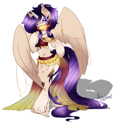 Size: 1503x1590 | Tagged: safe, artist:tawnysweet, oc, oc only, species:alicorn, species:anthro, species:pony, species:unguligrade anthro, alicorn oc, belly dancer, belly dancer outfit, semi-anthro, signature, solo, unshorn fetlocks
