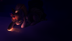 Size: 1400x800 | Tagged: safe, artist:dzmaylon, oc, oc only, species:pony, species:unicorn, dark, eyeball, female, glow, glowing horn, horn, looking at something, looking down, magic, mare, solo