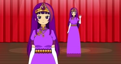 Size: 1225x652 | Tagged: safe, artist:roseprincessmitia, character:twilight sparkle, species:human, alternate hairstyle, belt, clothing, crown, dress, evening gloves, female, gloves, humanized, jewelry, kisekae, long gloves, necklace, regalia, solo, stage