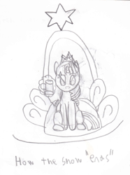 Size: 540x725 | Tagged: safe, artist:red-supernova64, character:twilight sparkle, character:twilight sparkle (alicorn), species:alicorn, species:pony, spoiler:s09, angry, cider, conker's bad fur day, crude sketch, female, monochrome, solo, throne, video game reference