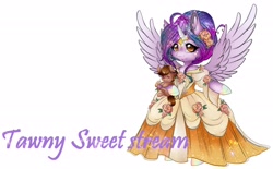 Size: 2916x1812 | Tagged: safe, artist:tawnysweet, oc, oc only, oc:dazzling talents, species:alicorn, species:pony, alicorn oc, anthro with ponies, clothing, dress, ethereal mane, female, flower, flower in hair, galaxy mane, holding a pony, livestream, mare, semi-anthro, simple background, spread wings, white background, wings