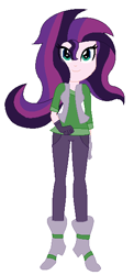 Size: 284x584 | Tagged: safe, artist:nightcorecat123, artist:painterede, base used, oc, oc only, oc:evening glitter, parent:starlight glimmer, parent:sunset shimmer, parents:shimmerglimmer, icey-verse, my little pony:equestria girls, boots, clothing, commission, equestria girls-ified, female, gloves, high heel boots, jeans, magical lesbian spawn, offspring, pants, shirt, shoes, simple background, solo, t-shirt, vest, white background