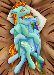 Size: 2160x2970 | Tagged: safe, artist:crimsonwolf360, character:lightning dust, character:rainbow dash, species:pegasus, species:pony, ship:rainbowdust, cuddling, cute, cutie mark, eyes closed, female, floppy ears, lesbian, mare, pillow, shipping, smiling