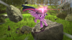 Size: 3840x2160 | Tagged: safe, artist:alicorntwilysparkle, character:twilight sparkle, character:twilight sparkle (alicorn), species:alicorn, species:pony, season 9, spoiler:s09, 3d, action, female, forest, grass, horn, jumping, looking at you, magic, mare, nose wrinkle, revamped ponies, rock, solo, source filmmaker, tree