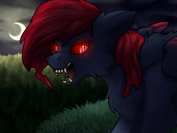 Size: 1024x768 | Tagged: safe, alternate version, artist:magicstarfriends, oc, oc only, oc:king phoenix embers, species:pony, big teeth, commission, dangerous, eyelashes, female, glowing eyes, moon, solo, werewolf, ych result