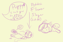 Size: 500x335 | Tagged: safe, artist:retl, oc, oc:puppysmiles, oc:rainy days, species:earth pony, species:pony, ball, broken, dialogue, eye clipping through hair, female, filly, flower, flower pot, prone, sketch, speech bubble, thought bubble