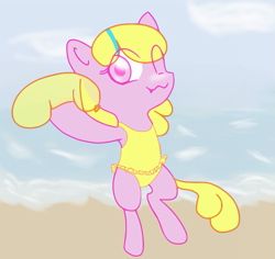Size: 949x894 | Tagged: safe, artist:retl, oc, oc only, oc:puppysmiles, species:pony, clothing, cute, cute little fangs, fangs, female, filly, frilled swimsuit, one eye closed, one-piece swimsuit, pink eyes, solo, swimsuit, two toned mane, water balloon
